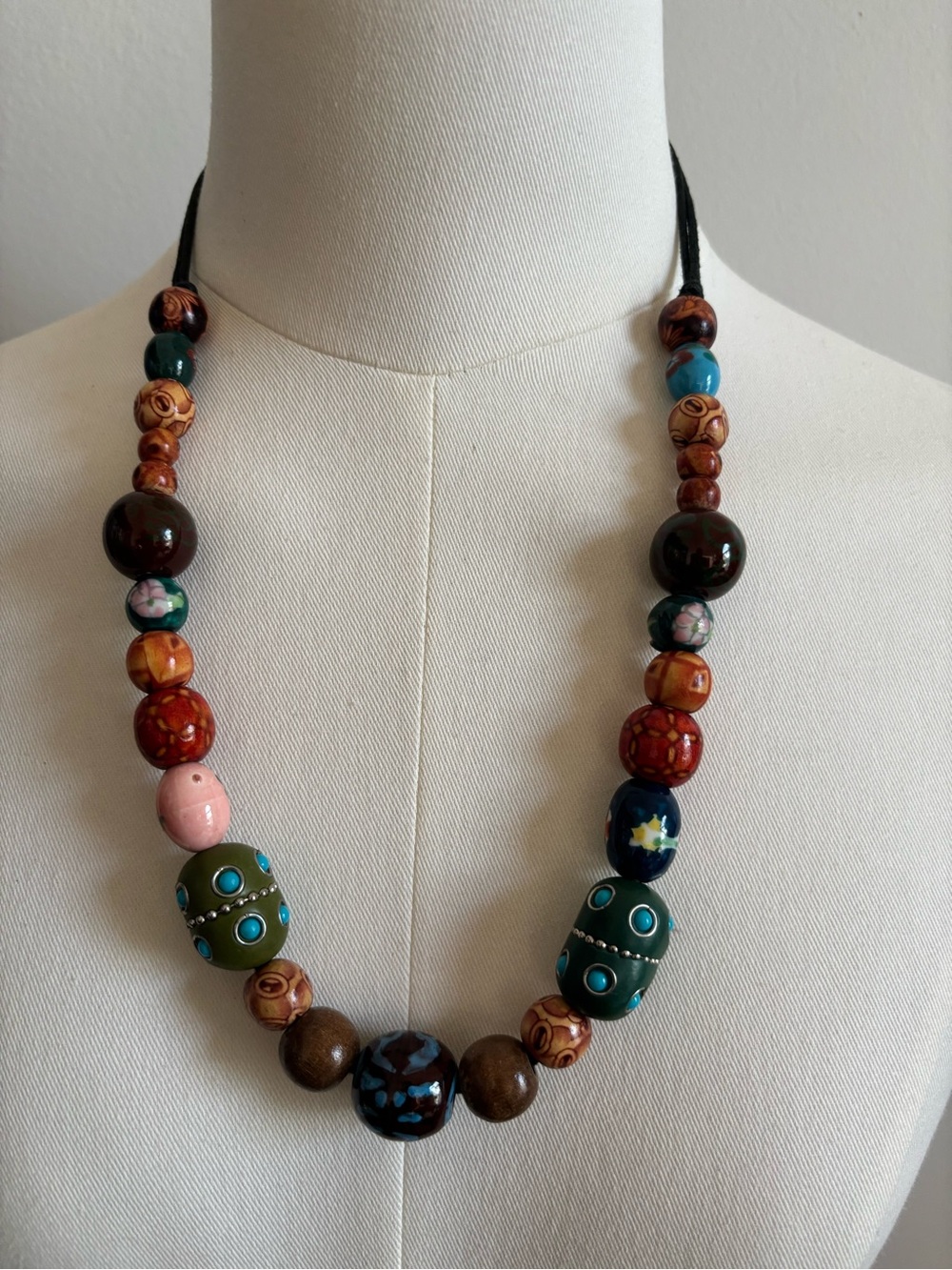 Handcrafted Multicolor Ceramic & Wood Bead Necklace — Green Accent